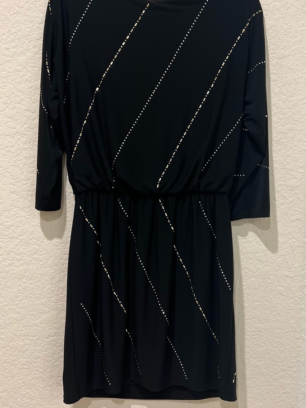 White House Black Market Black Blouson Dress | Gold & Silver Rhinestone | Medium